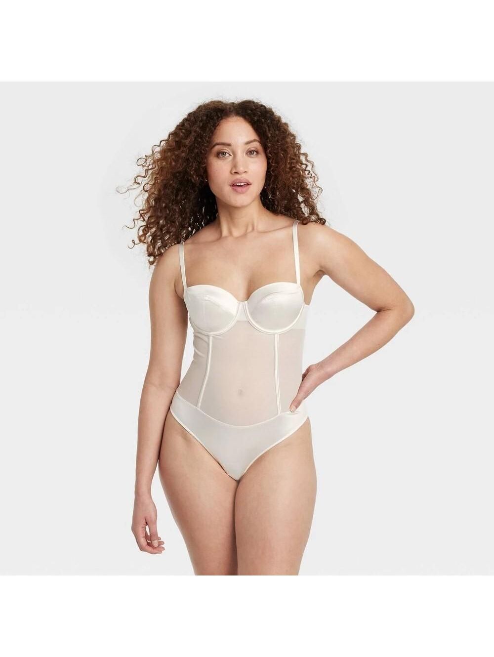 Women's Satin and Mesh Lightly Lined Lingerie Bodysuit - Auden™ Cream M